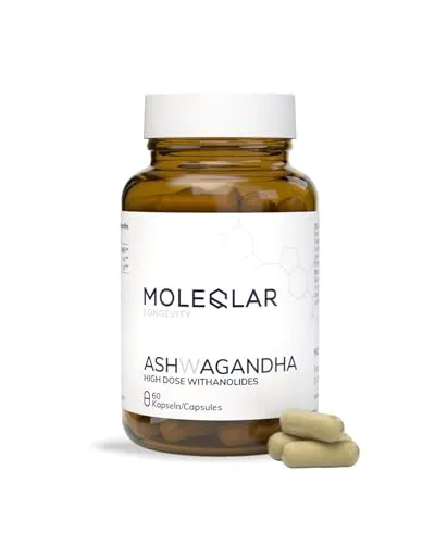 MoleQlar Ashwagandha Kapseln 60 Stück - SHODEN Markenrohstoff - 300 mg Extrakt pro Kapsel - Marktführende 35% Withanolide (105 mg) - Geprüft auf Reinheit und Schwermetalle