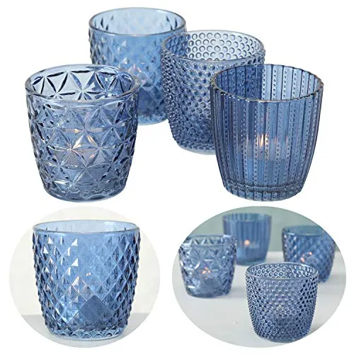 LS-LebenStil 4X Glas Teelichthalter Retro Blau 7cm 4´er Set Kristall Ornament Teelicht-Gläser Windlicht-Halter Kerzenständer Tischdeko Kerzen Deko Kerzenhalter für Teelichter Hochzeit