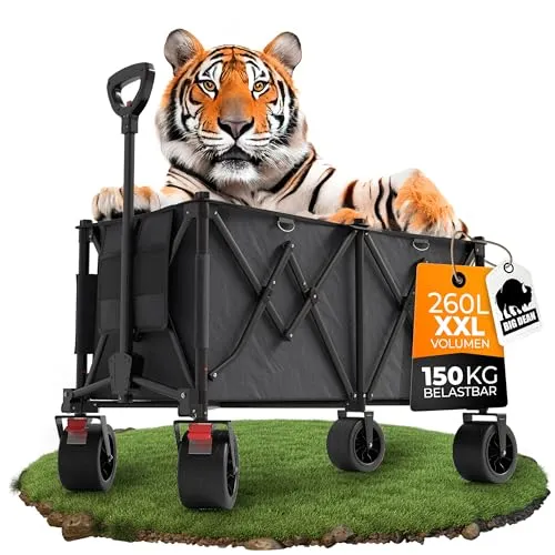 BigDean XXL Bollerwagen faltbar 260L - Handwagen mit 150 kg Tragkraft, ideal für Ausflüge und Camping – mühelos faltbar und mit 360°-Rädern für jedes Gelände.
