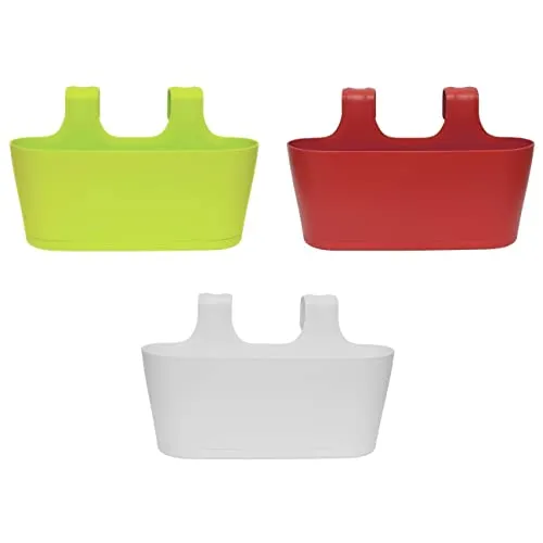 Engelland 3 x Blumenkasten zum Auf-Hängen, Farbmix: Grün, Rot, Weiß, Blumentopf, oval, Balkon, Übertopf, Pflanzkasten, mit Wasserspeicher/Wasserauffangschale