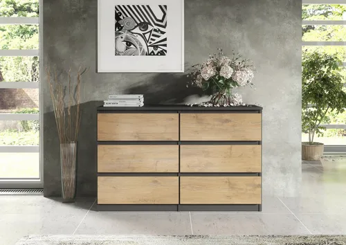 Raumhirsch Furniture Kommode Anthrazit Eiche San Remo, 6 Schubladen - Moderne Kommode mit 6 geräumigen Schubladen für viel Stauraum. Ideal für Wohnzimmer oder Schlafzimmer, bietet sie eine zeitlose Optik und einfache Handhabung dank leichtgängiger Rollenschienen.