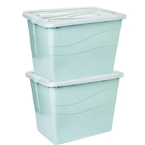 Aufbewahrungsbox mit Deckel Groß XXL, 2 Stück Aufbewahrungsboxen, 80 L Boxen aufbewahrung, Plastikbox mit Deckel, stapelbar Kisten aufbewahrung mit Deckel, Rollen, Clip-Griffen, grün, Model: Lia