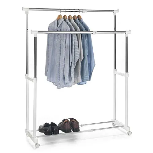 CARO-Möbel Garderobenständer CASA, verstellbare Rollgarderobe - Kleiderständer mit 2 höhenverstellbaren Stangen und 4 Rollen für einfache Mobilität, ideal für Ordnung im Ankleide- und Schlafzimmer.