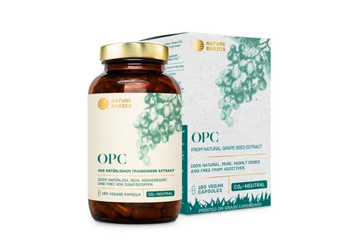 Nature Basics OPC Traubenkernextrakt – Vegan & Nachhaltig - Pflanzenextrakte mit 180 Kapseln in umweltfreundlichem Braunglas. Ideal für vegane Ernährung, unterstützt antioxidative Funktionen und fördert das Wohlbefinden.