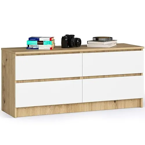 AKORD Kommode K 120 cm | 4 Schubladen | zum Wohnzimmer Schlafzimmer Arbeitszimmer | Modernes funktionales Design | Laminatplatte 16mm | Farbe Artisan Oak/Weiß