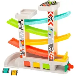 Small foot 11361 - Rennbahn mit Parkdeck und Garagen, inkl. 4 Holzautos, langlebig und fördert kreatives Spielvergnügen