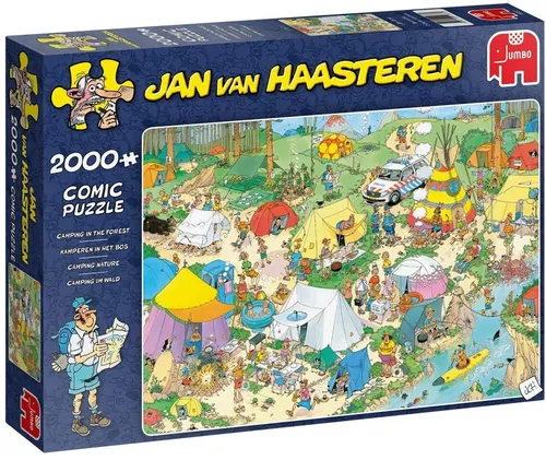 Jumbo Spiele 19087 Jan van Haasteren - Camping im Wald 2000 Teile Puzzle, humorvolles Comic Motiv mit vielen Suchdetails und Markenzeichen Haiflosse