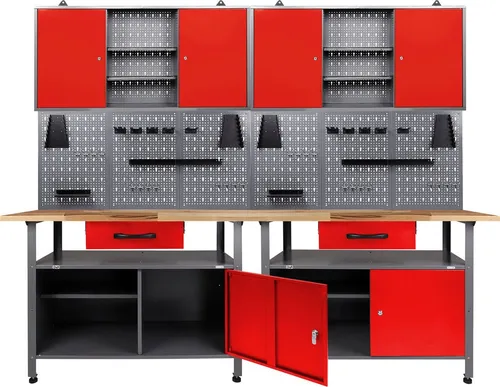 ONDIS24 Werkstatt-Set Klaus, 240 cm - Ideal für Hobbywerkstätten - Werkstatt-Set aus robustem Metall mit 2 Schubladen und 6 Türen, abschließbar und bis 860 kg belastbar. Perfekt für kreative Projekte in der Werkstatt.