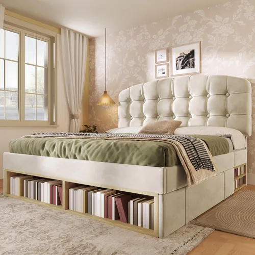 okwish Polsterbett 140x190 mit höhenverstellbarem Kopfteil - Beige - Bequemes Polsterbett mit dreifach höhenverstellbarem Kopfteil für individuelle Liegehöhen. Inklusive Stauraum durch Schubladen und offene Fächer, ideal für jedes Schlafzimmer.