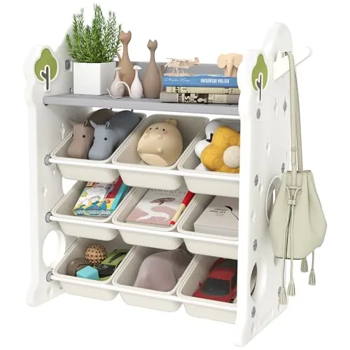 AIYAPLAY Kinderregal 4-Stufiges Spielzeugregal mit 9 Boxen - Praktisches Kinderzimmerregal mit 4 Ebenen und 9 herausnehmbaren Boxen für die einfache Aufbewahrung von Spielzeug und Büchern. Fördert Ordnungssinn und Selbstständigkeit bei Kindern.