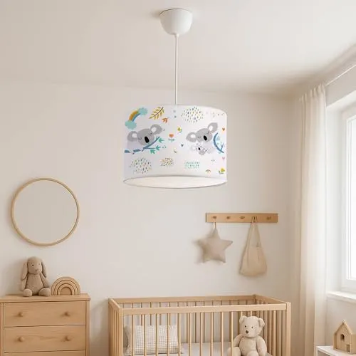 lux.pro Kinderzimmer Lampe Rugby Deckenleuchte E27 LED-geeignet Hängelampe mit Stoffschirm Koala-Motiv 70 cm hoch höhenverstellbar Weiß