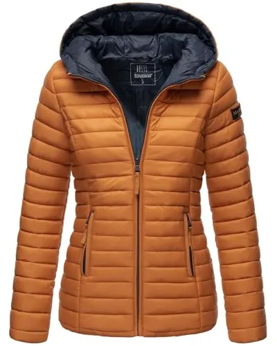 Marikoo Asraa Damen Steppjacke mit Kapuze - Modische Übergangsjacke in braun mit kontrastfarbendem Reißverschluss, wasserabweisend und ideal für wechselhaftes Wetter. Bequem und stylisch für den Alltag.