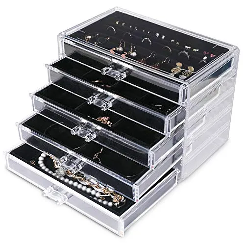 Frebeauty Extra große Acryl-Schmuckschatulle für Frauen, 5 Schichten, transparenter Schmuck-Organizer, Samt-Ohrring-Box mit 5 Schubladen, Ringe, Vitrine, Halskettenhalter (Schwarz