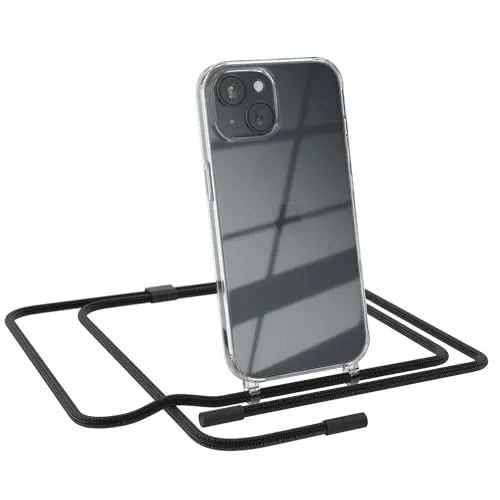 EAZY CASE - Handykette kompatibel mit iPhone 15 - dünne Handyhülle für iPhone 15 Hülle mit Band als Fallschutz Kette zum Umhängen transparente Hülle Silikon in Schwarz
