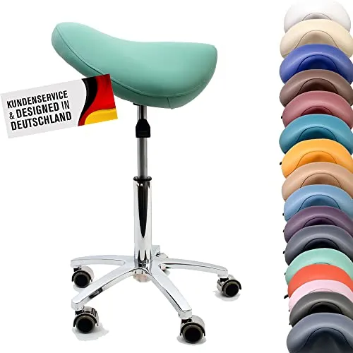 Promafit Sattelhocker/Sattelstuhl mit Gummirollen für alle Böden und Metallfuß - ergonomisch - stufenlos höhenverstellbar - viele Farben - 360° drehbar (Mintgrün, Ohne Fußring)