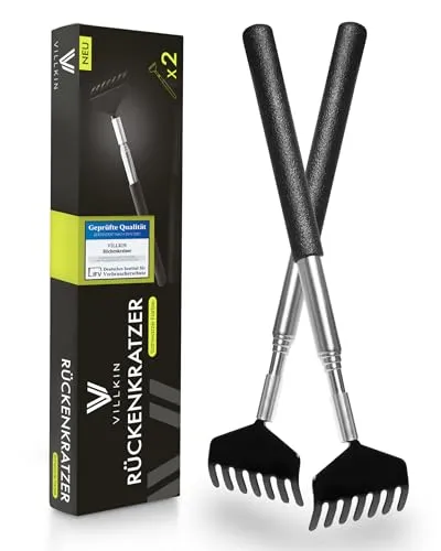 Villkin Rückenkratzer (2Stück) - Kratzhand gegen Juckreiz - Massagegerät stabil und ausziehbar - Premium Massage Rückenkrauler - Teleskop Kratzhand