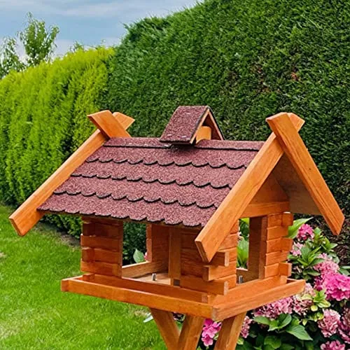 DARLUX Rechteckiges Vogelhaus M - XL wetterfest aus Holz Vogel Futterstelle Haus mit und ohne Ständer (Größe XL ohne Ständer, Rot - Braun)