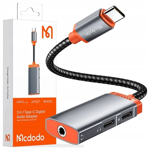 Mcdodo 3 in 1 Typ-C Audio Adapter - Kabeladapter mit 3 in 1 Funktion: DC3.5mm und Dual Typ-C für Audio und 60W PD Schnellladung. Ideal für gleichzeitiges Laden und Musikhören.