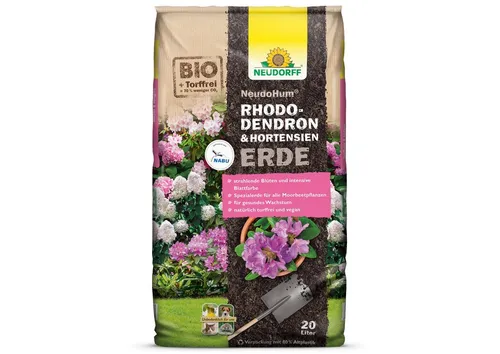Neudorff Bio-Erde NeudoHum Bio Rhododendron- und HortensienErde 40 Liter, (Torffreie Rhododendronerde für alle Moorbeetpflanzen, für Rhododendron, Azaleen, Kamelien, Heidepflanzen und Hortensien), für 4 Wochen vorgedüngt