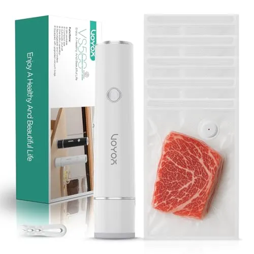 VOYOR Handvakuumierer für Essen mit 5 Wiederverwendbaren Verbesserten Vakuumbeuteln Tragbares Vakuumiergerät für Lebensmittel zur Lebensmittelkonservierung&Lagerung Mini Vakuumiergerät VS500 (Weiß)