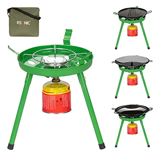 Mianova 4in1 Campingkocher + Fladenbäcker + BBQ + Wok Grill + 4 x 500g Butangas Gaskartuschen Gas Camping Kocher Herd Kartuschen Tragetasche Gaskocher Notfallkocher Set Grün