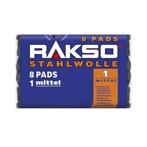 RAKSO Stahlwolle mittel 1-8 Pads - Stahlwolle zum Schleifen: Ideal zum Glätten von Holzoberflächen und Entfernen von alten Lacken von Antikmöbeln. Handliche Pads, sofort einsatzbereit und in 9 Feinheitsgraden erhältlich.