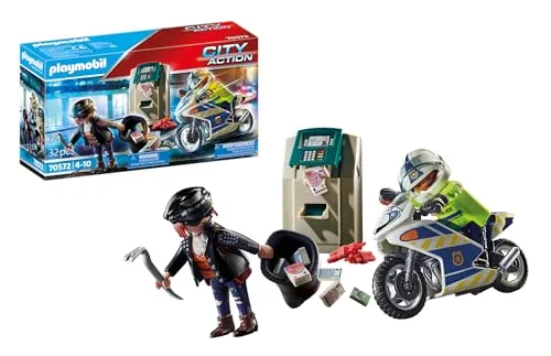 PLAYMOBIL City Action 70572 Polizei-Motorrad - Spannende Verfolgung des Geldräubers mit 32-teiligem Set für Kinder von 4-10 Jahren
