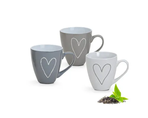 matches21 HOME & HOBBY Tasse Grosse Kaffeetassen Landhaus-Stil Herzen Kaffeebecher, 3-tlg., Keramik, Tee Kaffee-Becher, Vintage, weiss grau beige, 400 ml