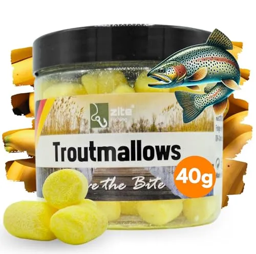 Zite Fishing Trout Mallows Forellenköder - Hochfängiger Forellenteig auftreibend - Troutmallows Starke Aromen & Leuchtende Farben, 40g Dose, Forellen Köder für Grundmontage (Banane gelb)
