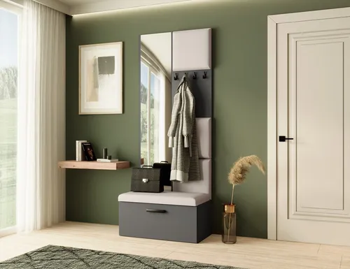 Garderobe MARGARET III in Graphit + Hellbeige - Moderne Garderobe mit gepolsterten Paneelen, Spiegel und Schuhschrank für stilvolle Ordnung im Flur. Ideal für kleine Räume, bietet Komfort und Funktionalität.