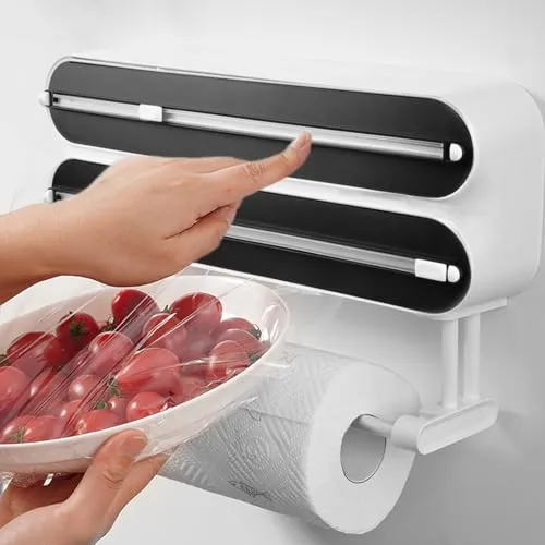BORDEAG 3 in 1 Frischhaltefolienspender: Magnetischer Wandrollenhalter Küche, ABS Folienschneider, Multifunktionaler Spender Und Abroller Für Küche (D4 Schwarz/50 M)