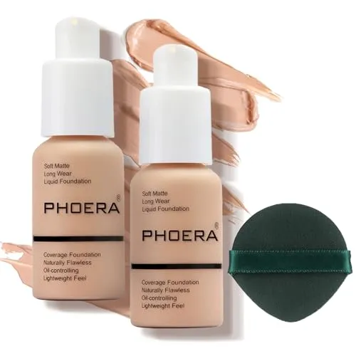 PHOERA Foundation 2er Set,Matte Flüssig Foundation mit voller Deckkraft,24H langanhaltend Make-up,wasserfest,ideal für reife Haut,deckt Hautunreinheiten,Rötungen,für Alltag,Party (2 Stück 103)