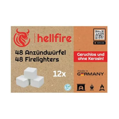 hellfire Anzündwürfel – Grillanzünder, Kaminanzünder und Kohleanzünder – Perfektes Grill Zubehör für Kamin und Grill, Anzünder Würfel, 12 Pakete = 576 Würfel