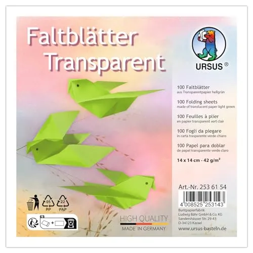 Ursus 2536154 - Faltblätter Transparent Hellgrün, 42 g/m², 100 Faltblätter 14 x 14 cm, durchgefärbt