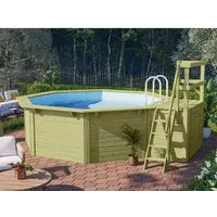 Karibu Pool Modell 1 mit Filteranlage und Sonnenterrasse - Massivholzpool mit witterungsbeständigen Blockbohlen, ideal für den Garten. Genießen Sie erfrischendes Badevergnügen mit umfangreichem Zubehör und einfacher Folienmontage.