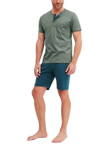 CALIDA Relax Imprint Kurz-Pyjama Herren - Pflegeleicht und bequem - Bequemer Kurz-Pyjama aus 100% Baumwolle im lässigen Design. Der elastische Stoff sorgt für hohen Tragekomfort, ideal für entspannte Nächte. Erhältlich in Single Jersey Laurel Green 46-48.