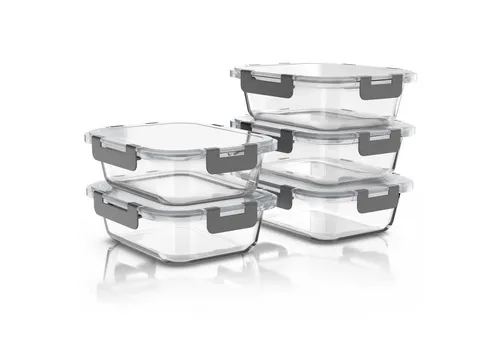 Arendo Frischhaltedosen 5er Set - Stapelbare Glas-Lunchboxen 1040 ml - Das 5er Set aus Borosilikatglas (je 1040 ml) ist ideal für die Aufbewahrung und den Transport von Lebensmitteln. Mit luftdichtem Deckel, mikrowellen- und spülmaschinengeeignet – die perfekte Lösung für frische Snacks und Ordnung in der Küche.