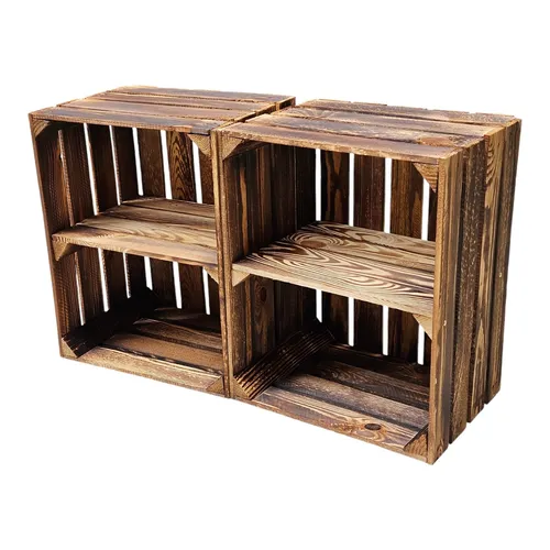 Holzkiste Obstkiste 2er Set Geflammt - Praktische Ablage für Weinflaschen - Ideal für den Einsatz in Wohnzimmer und Küche. Diese stabilen Holzkisten sind stapelbar und bieten viel Platz für Ihre Weinflaschen. Mit natürlichem Finish und 2 Jahren Garantie.