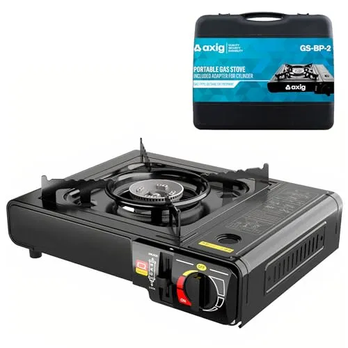Axig Campingkocher Gas für Outdoor Kochen - Gaskocher 1 flammig aus Rostfreier Stahl für Gaskartuschen oder Gasflasche Piezozündung mit 2200W Leistung und Tragekoffer zum Campen, Wandern, Festivals
