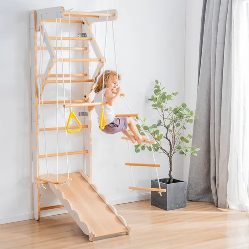 6-in-1 Multifunktions Spielturm Klettergerüst mit Rutsche Schaukel Krabbelleiter Klettergerüst Klimmzugsbereich Ringe Kletterturm