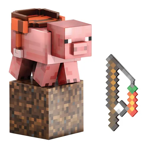 Mattel MINECRAFT Diamond Level Schwein - Actionfigur ca. 14 cm, authentisches Design mit Karotte am Stock und Zubehör für Kinder ab 6 Jahren