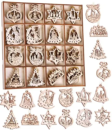 BRUBAKER 48-TLG. Weihnachtsanhänger Set - Baumschmuck aus Holz 3-4 cm - Weihnachtsdeko Glocken Sterne Tannenbaum Weihnachten - Holzanhänger für den Weihnachtsbaum - Christbaumschmuck