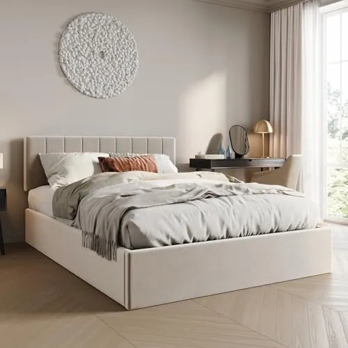 Polsterbett 160x200 cm mit Stauraum und Lattenrost – Beige