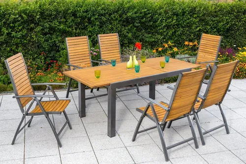 MERXX Garten-Essgruppe Santorin - Essgruppen für den Garten: Modernes Möbelset mit ausziehbarem Tisch und 6 klappbaren Stühlen aus FSC®-zertifiziertem Hartholz für optimalen Sitzkomfort.