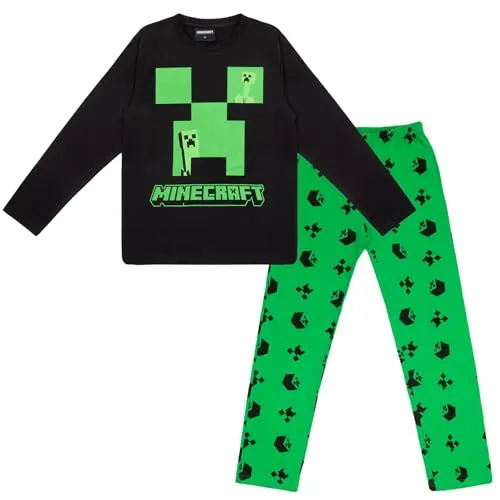 Minecraft Jungen Pyjama Schlafanzug lang (140, Schwarz) - Bequemer Minecraft Schlafanzug für Jungen mit langem Arm und großem Creeper-Design. Ideal für jede Jahreszeit, aus hochwertiger Baumwolle für hohen Tragekomfort. Der dehnbare Bund sorgt für eine optimale Passform und begeistert kleine Minecraft-Fans.