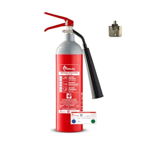 FireLoq 2kg Co2 Kohlendioxid im leichten Nicht magnetischen Alu Behälter Dauerdruck Feuerlöscher für elektrische Anlagen und EDV 34B 2 LE Dauerdruck inkl. Prüfnachweis, Wandhalter