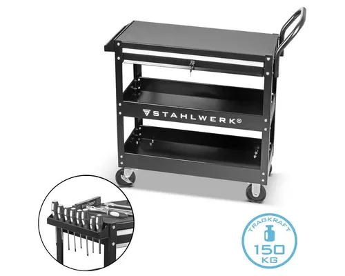 STAHLWERK Werkzeugwagen WZE-3 ST - Werkstattwagen mit 150 kg Tragkraft, 3 geräumige Ladeflächen und 7 Jahre Herstellergarantie für höchste Qualität und Langlebigkeit.