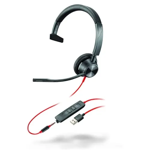 Plantronics – Blackwire 3315 USB-A (Poly) – kabelgebundenes Ein-Ohr Headset (Mono) mit Mikrofonarm – Verbindung mit PC/Mac über USB-A oder Smartphone/Tablet über 3,5-mm-Anschluss, Teams (zertifiziert)