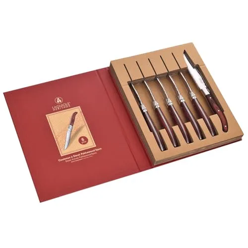 LAGUIOLE HERITAGE Steakmesser Set 6-teilig – Edelstahl Steakmesser mit edlem Holzgriff – Handgefertigtes Laguiole Besteck in Geschenkbox – Premium Fleischmesser für Steak, Grill & BBQ