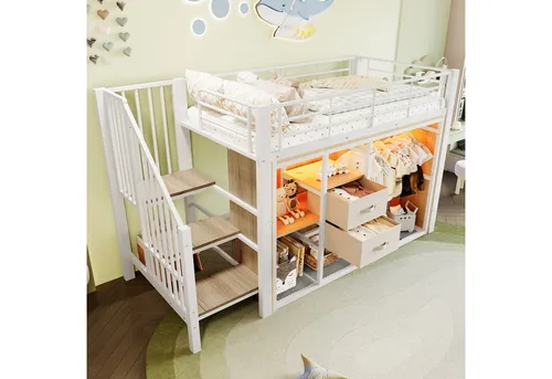 Hochbett 90x200 cm mit Schubladen und LED-Beleuchtung - Praktisches Hochbett 90x200 cm mit zwei Schubladen und mehrfarbiger LED-Beleuchtung. Ideal für kleine Räume, bietet es Stauraum und ein modernes Design, das die Atmosphäre Ihres Zimmers aufwertet.
